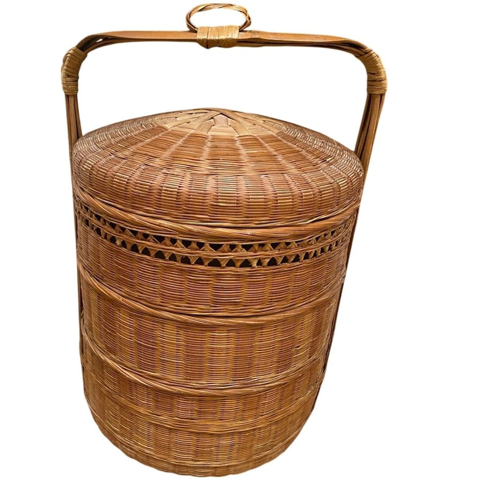 Vintage 40's Chinese 3 Tier Woven Bamboo Wedding Basket Round Stackable Handle